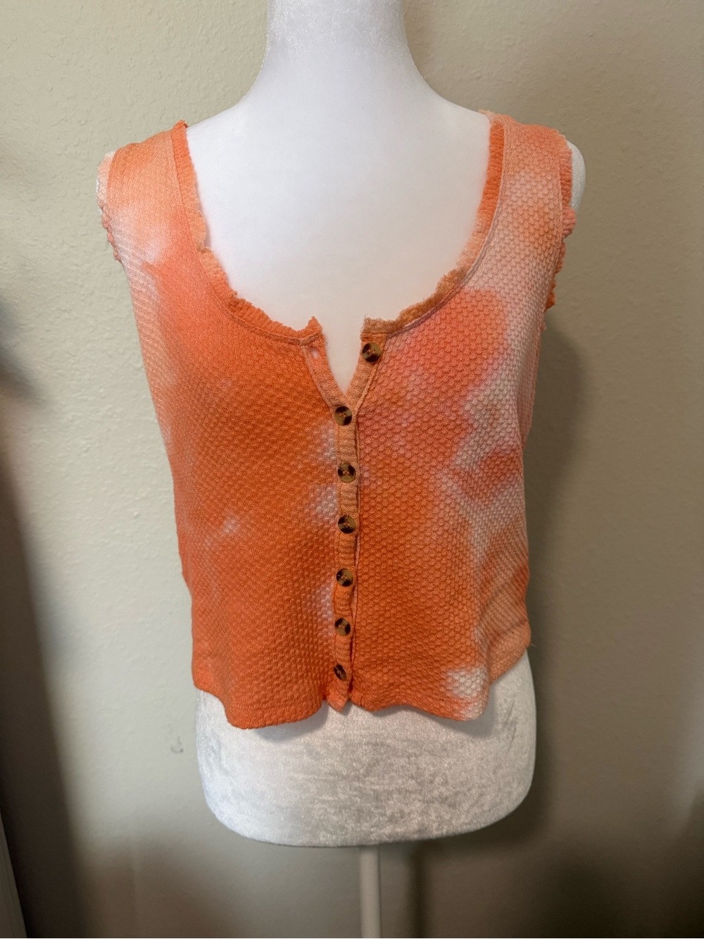 Hem & Thread Orange Tie-Dye Waffle Knit Button Tank